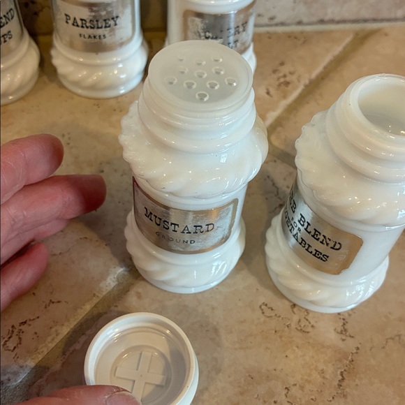 Vintage Milk Glass Spice Jars with Silver Labels, Set of 11. - Picture 3 of 9